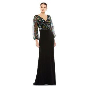 Mac Duggal Embroidered Mesh Long Sleeve Column Maxi Gown in Black Multi Size 10